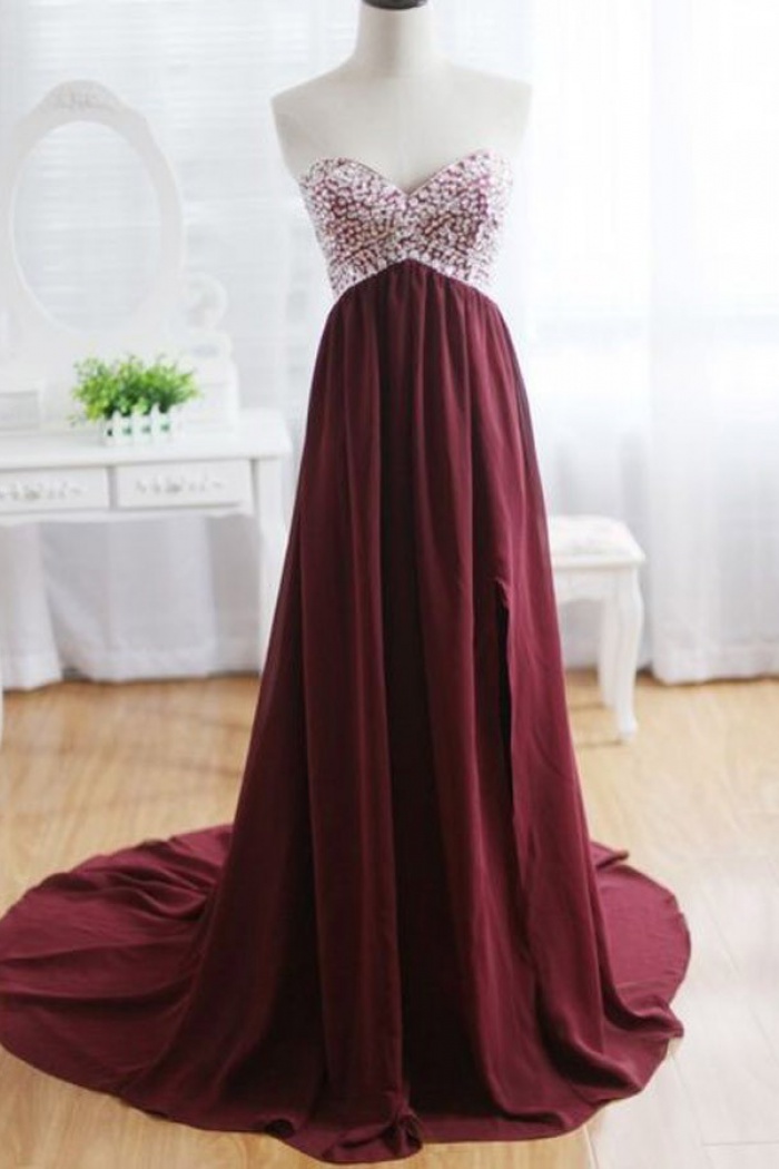 A Line Sweetheart Sweep Train Wine Red Chiffon Prom Dress With Beading